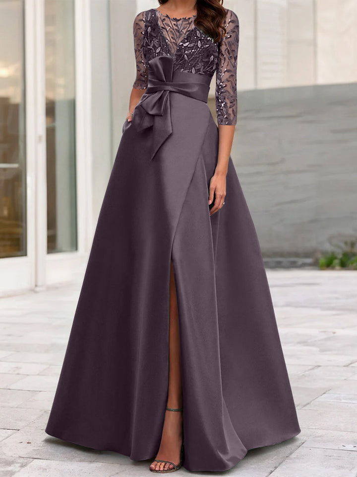Robe de Mère de la Mariée Coupe A-Line/Princess à Encolure Illusion et Manches 3/4 avec Fente Sur le Côté