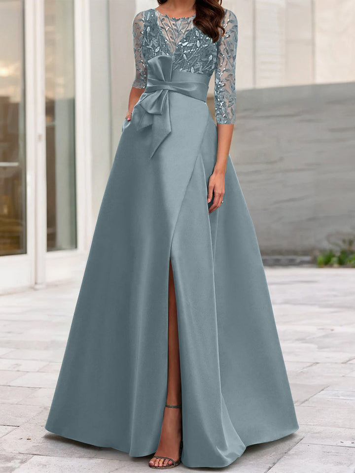 Robe de Mère de la Mariée Coupe A-Line/Princess à Encolure Illusion et Manches 3/4 avec Fente Sur le Côté
