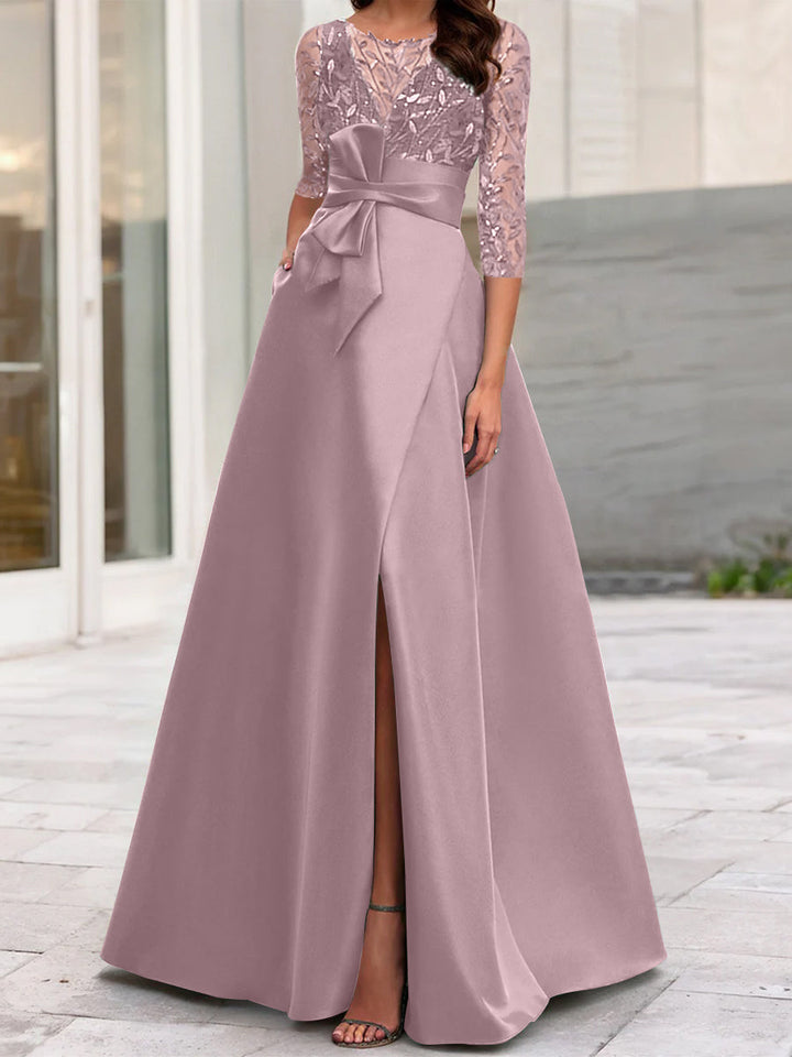 Robe de Mère de la Mariée Coupe A-Line/Princess à Encolure Illusion et Manches 3/4 avec Fente Sur le Côté