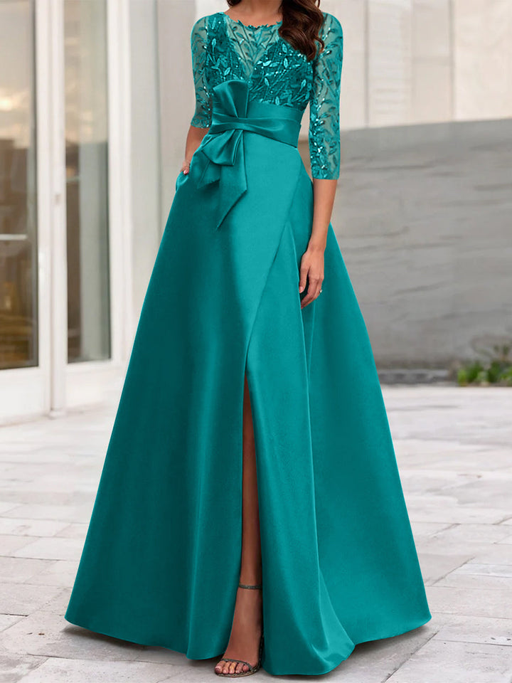 Robe de Mère de la Mariée Coupe A-Line/Princess à Encolure Illusion et Manches 3/4 avec Fente Sur le Côté