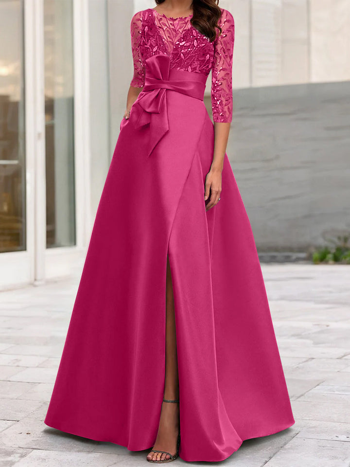 Robe de Mère de la Mariée Coupe A-Line/Princess à Encolure Illusion et Manches 3/4 avec Fente Sur le Côté