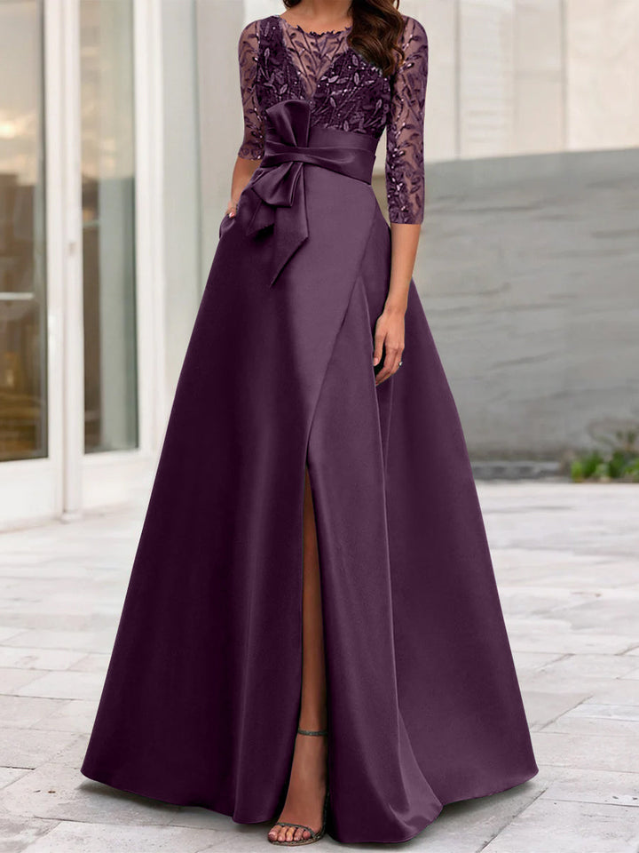 Robe de Mère de la Mariée Coupe A-Line/Princess à Encolure Illusion et Manches 3/4 avec Fente Sur le Côté