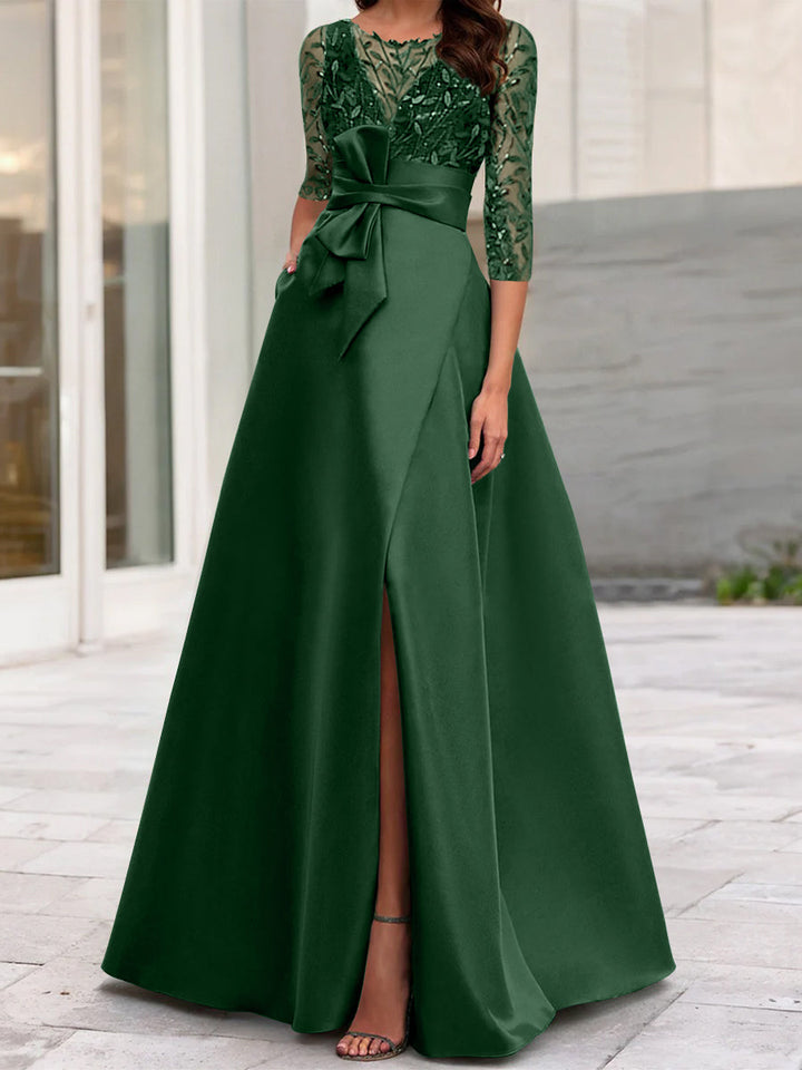 Robe de Mère de la Mariée Coupe A-Line/Princess à Encolure Illusion et Manches 3/4 avec Fente Sur le Côté