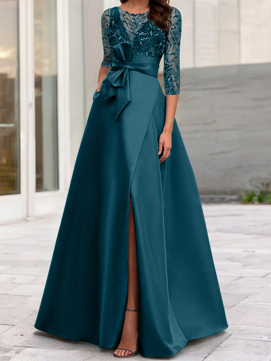 Robe de Mère de la Mariée Coupe A-Line/Princess à Encolure Illusion et Manches 3/4 avec Fente Sur le Côté