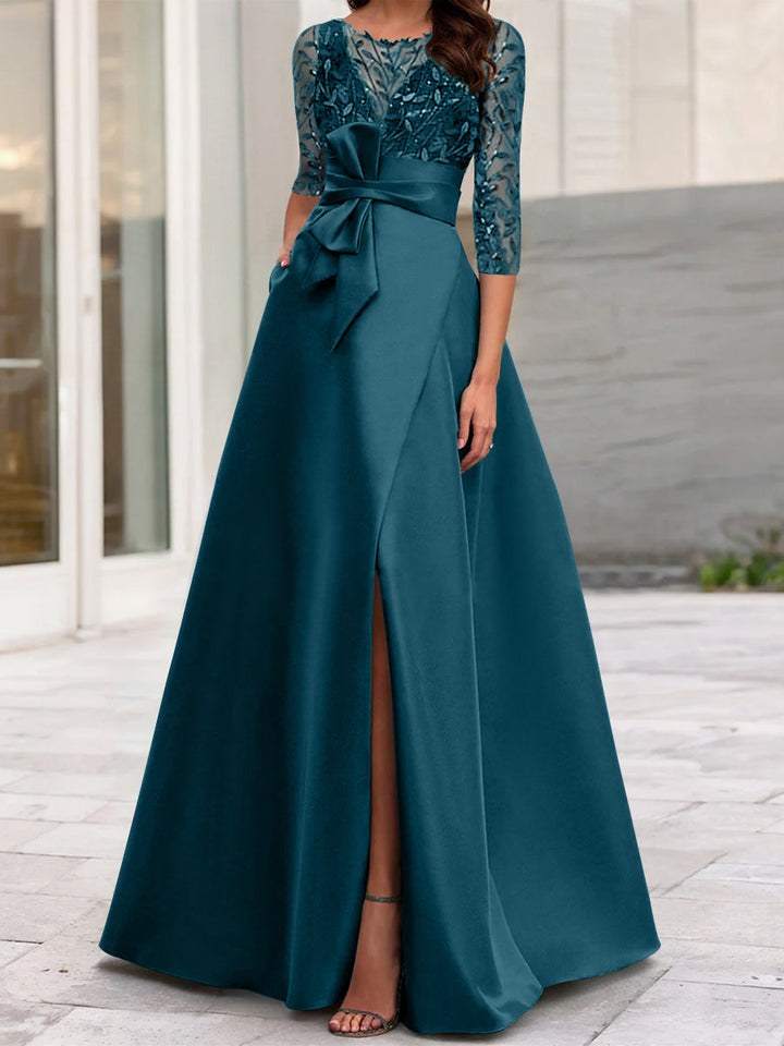 Robe de Mère de la Mariée Coupe A-Line/Princess à Encolure Illusion et Manches 3/4 avec Fente Sur le Côté