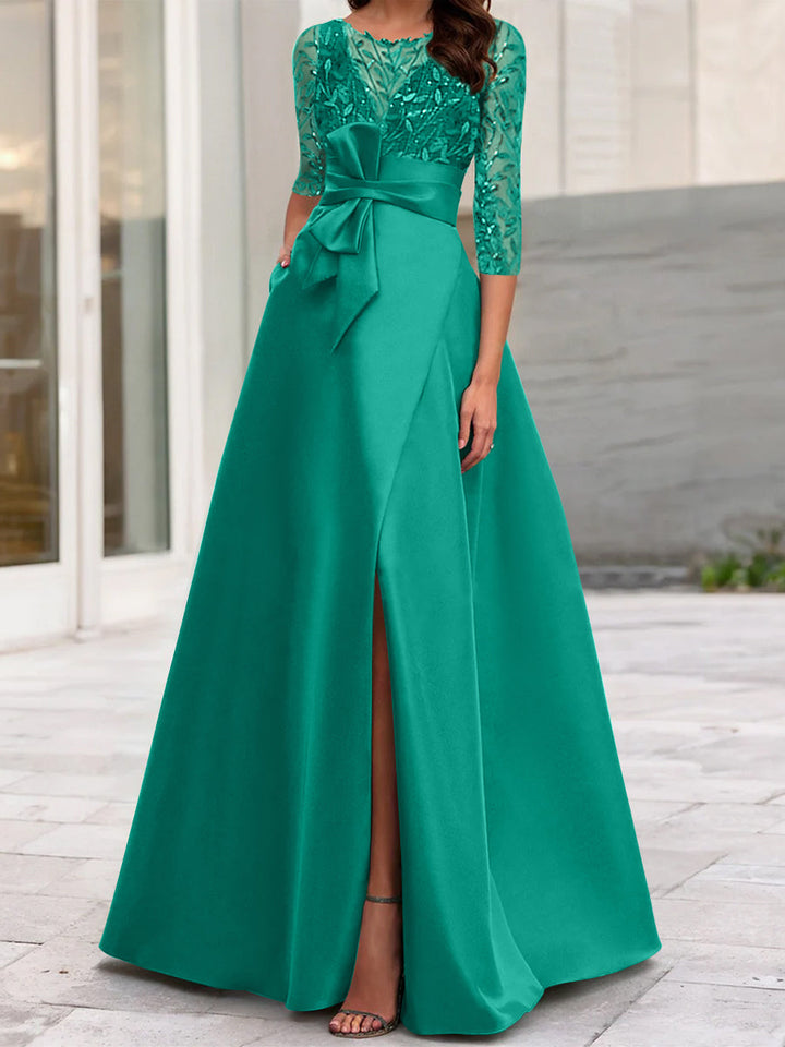 Robe de Mère de la Mariée Coupe A-Line/Princess à Encolure Illusion et Manches 3/4 avec Fente Sur le Côté
