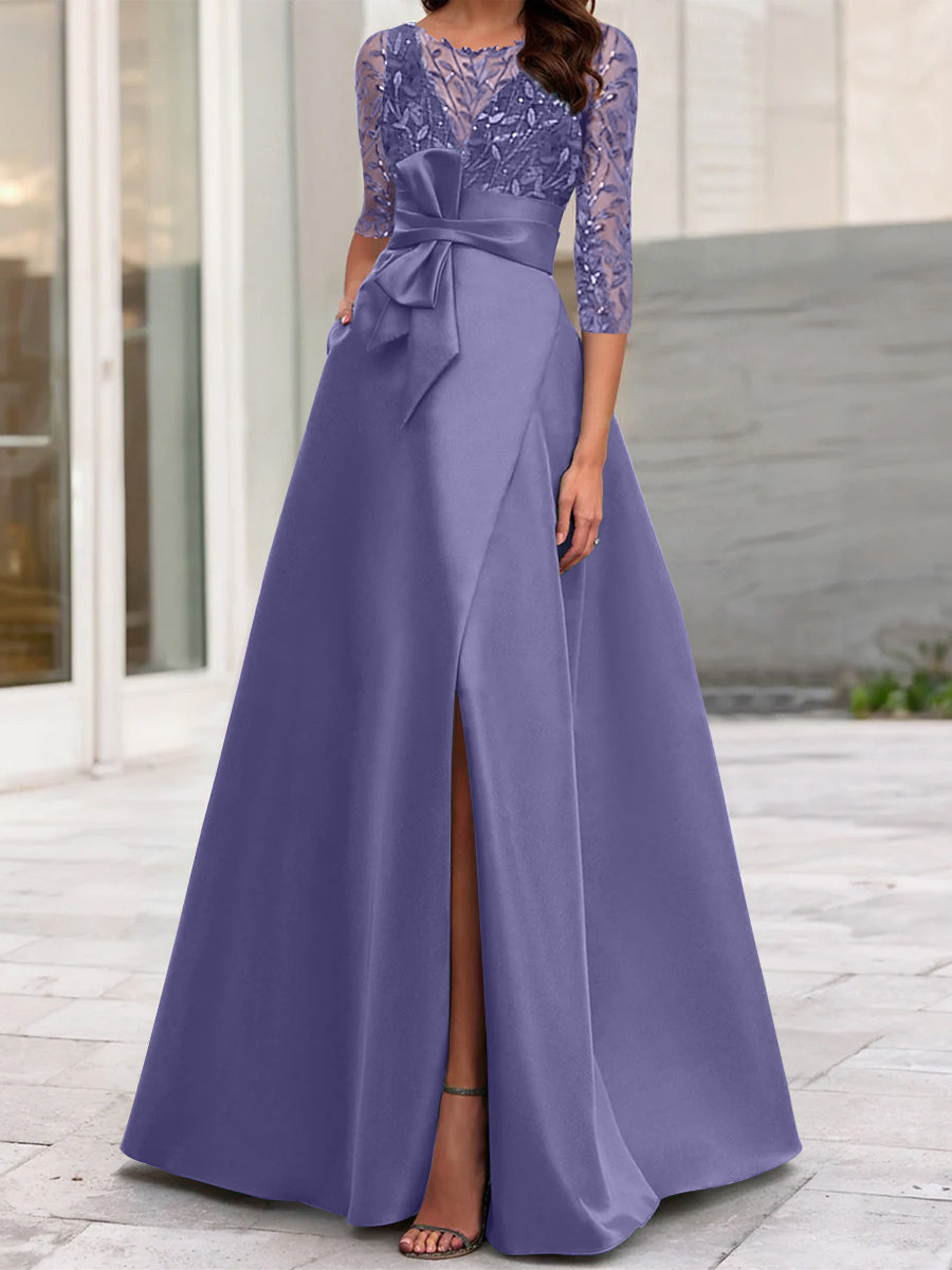 Robe de Mère de la Mariée Coupe A-Line/Princess à Encolure Illusion et Manches 3/4 avec Fente Sur le Côté