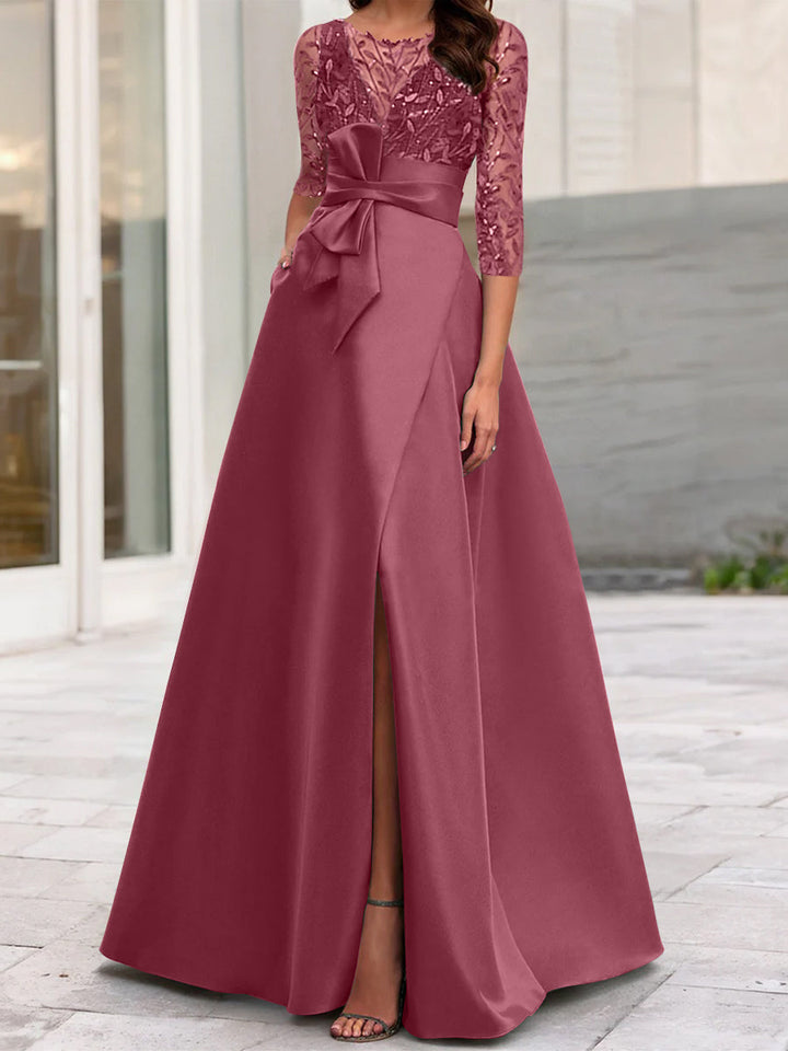 Robe de Mère de la Mariée Coupe A-Line/Princess à Encolure Illusion et Manches 3/4 avec Fente Sur le Côté