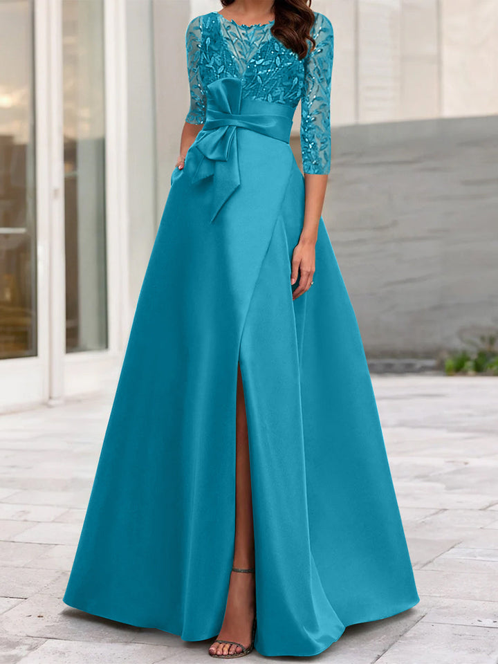 Robe de Mère de la Mariée Coupe A-Line/Princess à Encolure Illusion et Manches 3/4 avec Fente Sur le Côté