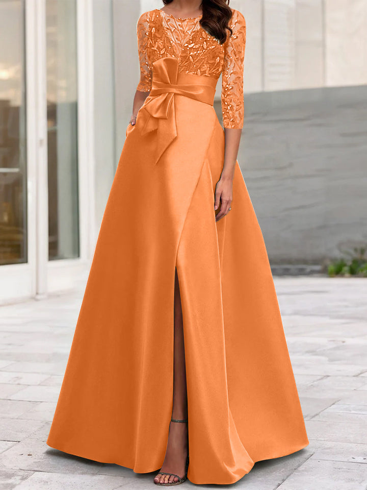 Robe de Mère de la Mariée Coupe A-Line/Princess à Encolure Illusion et Manches 3/4 avec Fente Sur le Côté
