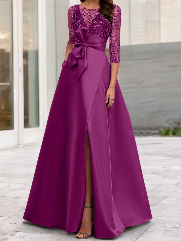 Robe de Mère de la Mariée Coupe A-Line/Princess à Encolure Illusion et Manches 3/4 avec Fente Sur le Côté