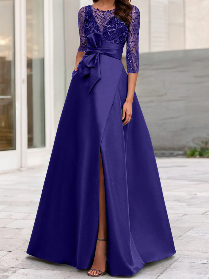 Robe de Mère de la Mariée Coupe A-Line/Princess à Encolure Illusion et Manches 3/4 avec Fente Sur le Côté