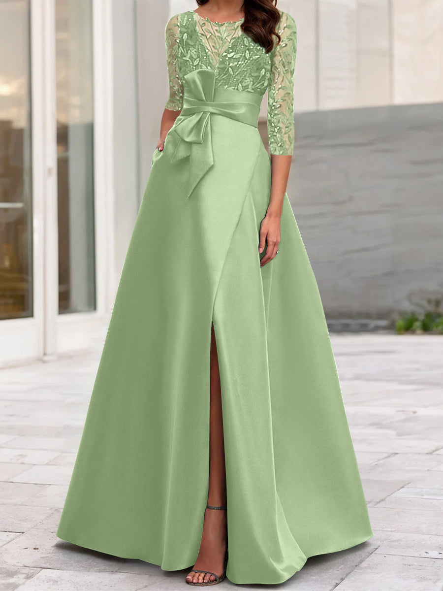Robe de Mère de la Mariée Coupe A-Line/Princess à Encolure Illusion et Manches 3/4 avec Fente Sur le Côté