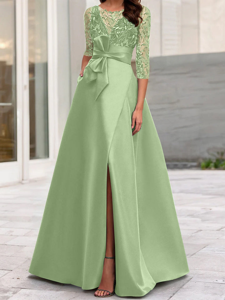 Robe de Mère de la Mariée Coupe A-Line/Princess à Encolure Illusion et Manches 3/4 avec Fente Sur le Côté