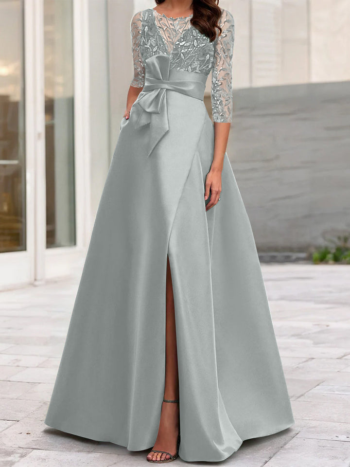 Robe de Mère de la Mariée Coupe A-Line/Princess à Encolure Illusion et Manches 3/4 avec Fente Sur le Côté