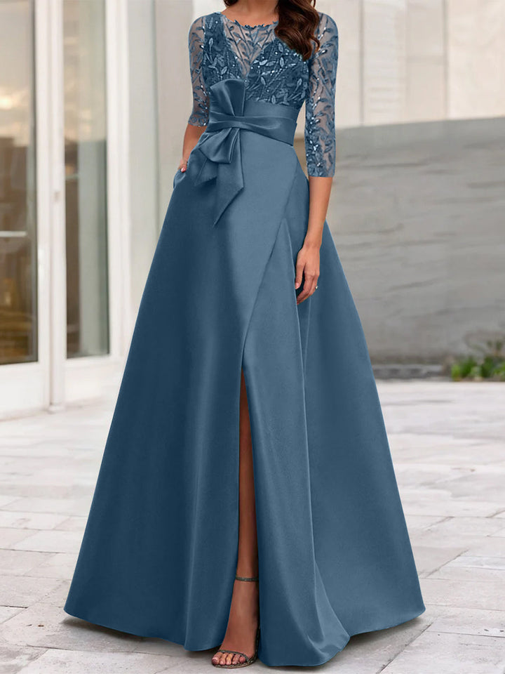 Robe de Mère de la Mariée Coupe A-Line/Princess à Encolure Illusion et Manches 3/4 avec Fente Sur le Côté