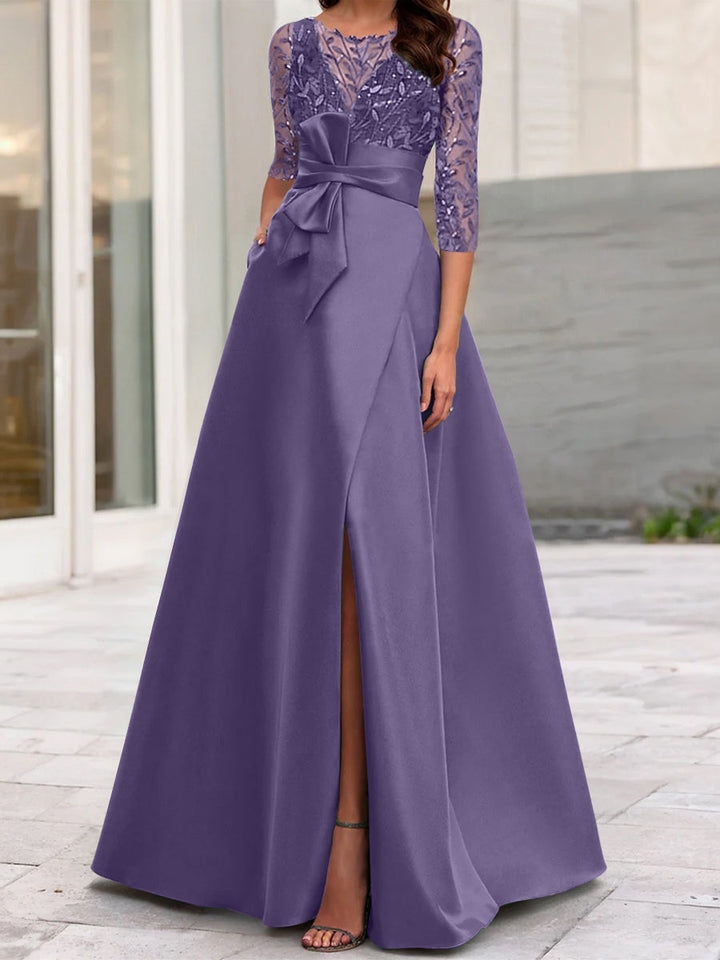 Robe de Mère de la Mariée Coupe A-Line/Princess à Encolure Illusion et Manches 3/4 avec Fente Sur le Côté