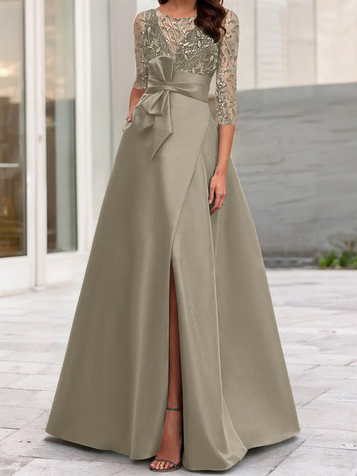 Robe de Mère de la Mariée Coupe A-Line/Princess à Encolure Illusion et Manches 3/4 avec Fente Sur le Côté