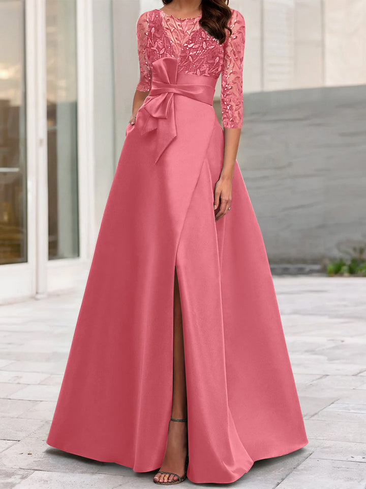 Robe de Mère de la Mariée Coupe A-Line/Princess à Encolure Illusion et Manches 3/4 avec Fente Sur le Côté