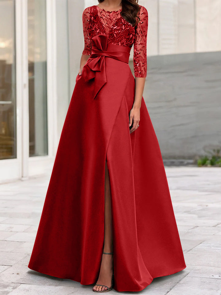 Robe de Mère de la Mariée Coupe A-Line/Princess à Encolure Illusion et Manches 3/4 avec Fente Sur le Côté