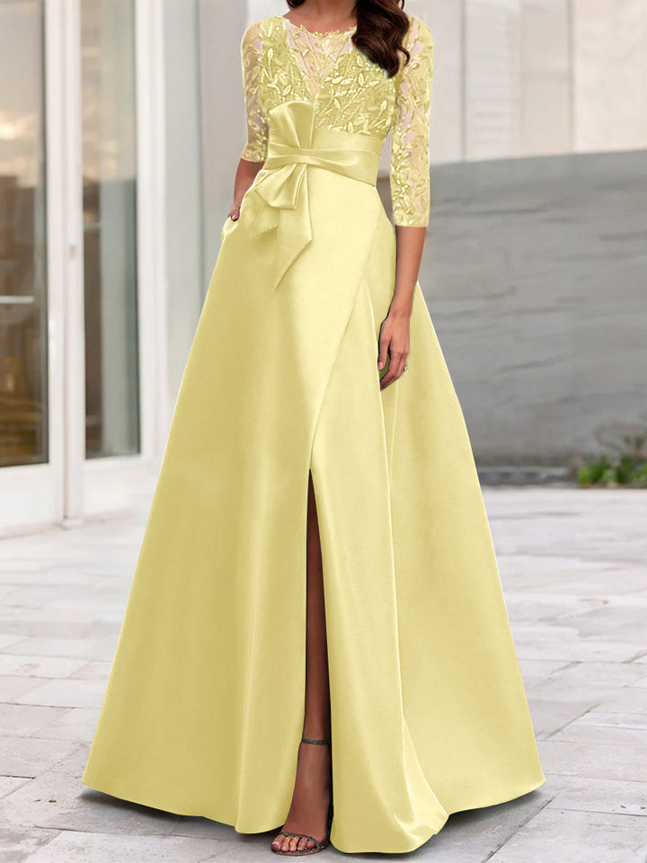 Robe de Mère de la Mariée Coupe A-Line/Princess à Encolure Illusion et Manches 3/4 avec Fente Sur le Côté