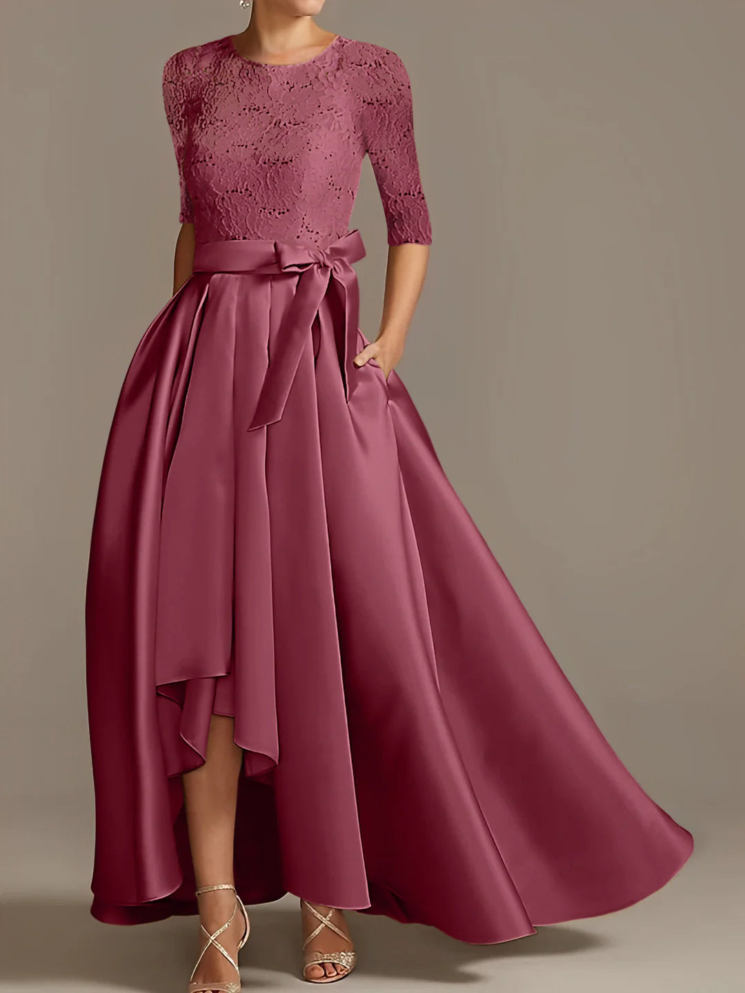 Robe de Mère de la Mariée Coupe A-Line/Princess, Longueur Au Sol, Manches Mi-Longues, avec Volants et Nœud(S)