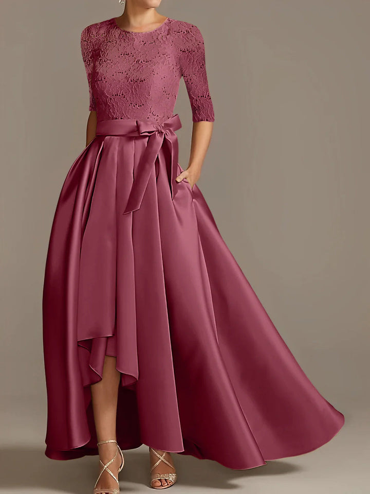 Robe de Mère de la Mariée Coupe A-Line/Princess, Longueur Au Sol, Manches Mi-Longues, avec Volants et Nœud(S)