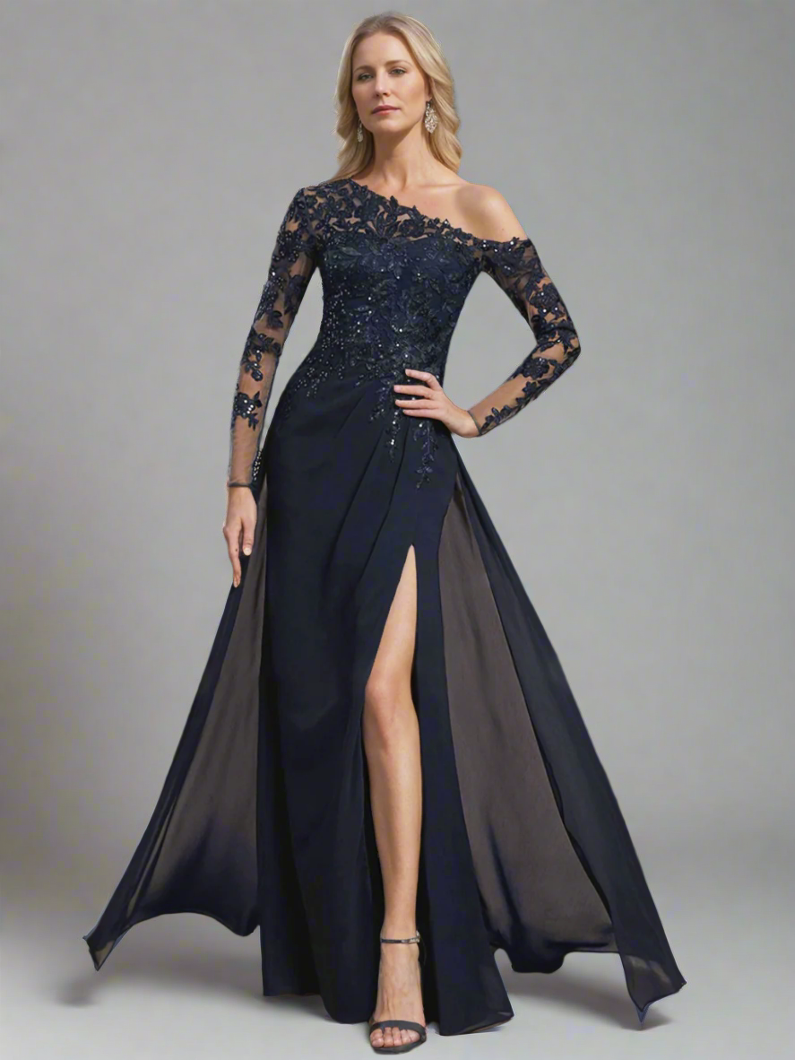 Robe de Mère de la Mariée A-Line/Princess à Une Épaule et Manches Longues, Longueur Au Sol, avec Fente Haute