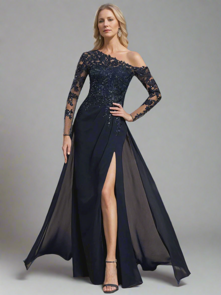 Robe de Mère de la Mariée A-Line/Princess à Une Épaule et Manches Longues, Longueur Au Sol, avec Fente Haute
