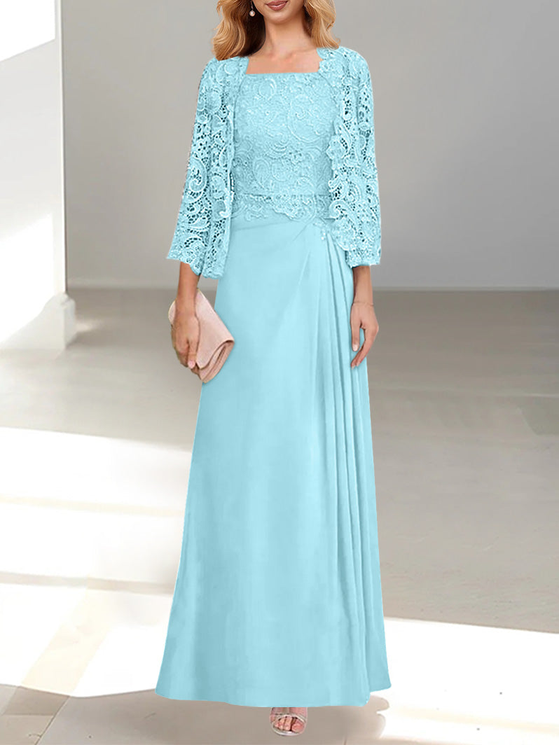 Robe De Mère De La Mariée 2 Pièces Coupe A-line/princesse Avec Décolleté Plongeant Et Longueur Au Sol Et Appliques Plissées Et En Dentelle