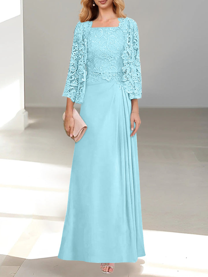 Robe De Mère De La Mariée 2 Pièces Coupe A-line/princesse Avec Décolleté Plongeant Et Longueur Au Sol Et Appliques Plissées Et En Dentelle