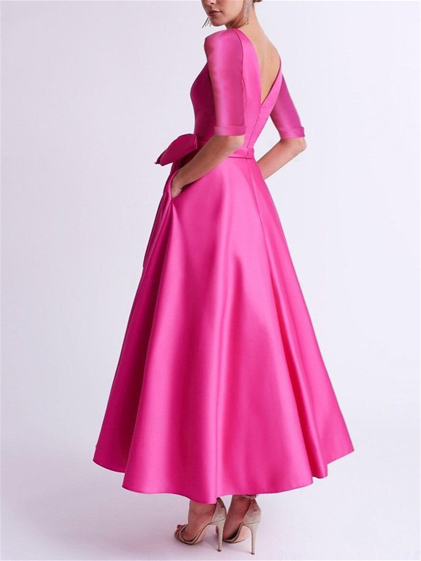 Robe de Mère de la Mariée en Satin à Manches 3/4 et Col en V, Coupe A-Line/Princess, Longueur Thé, avec Nœud(S)
