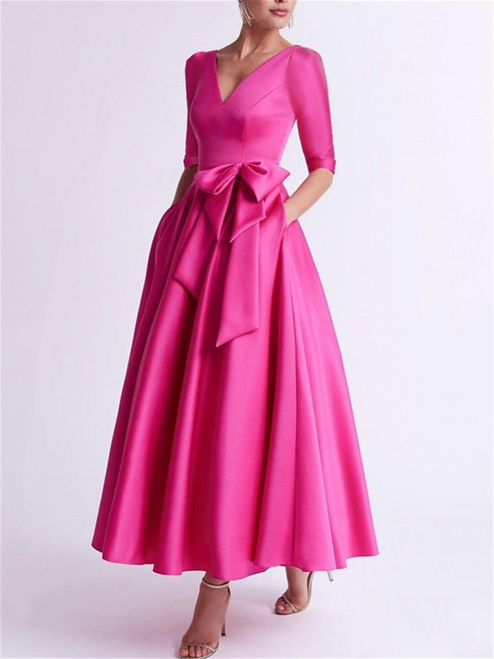 Robe de Mère de la Mariée en Satin à Manches 3/4 et Col en V, Coupe A-Line/Princess, Longueur Thé, avec Nœud(S)