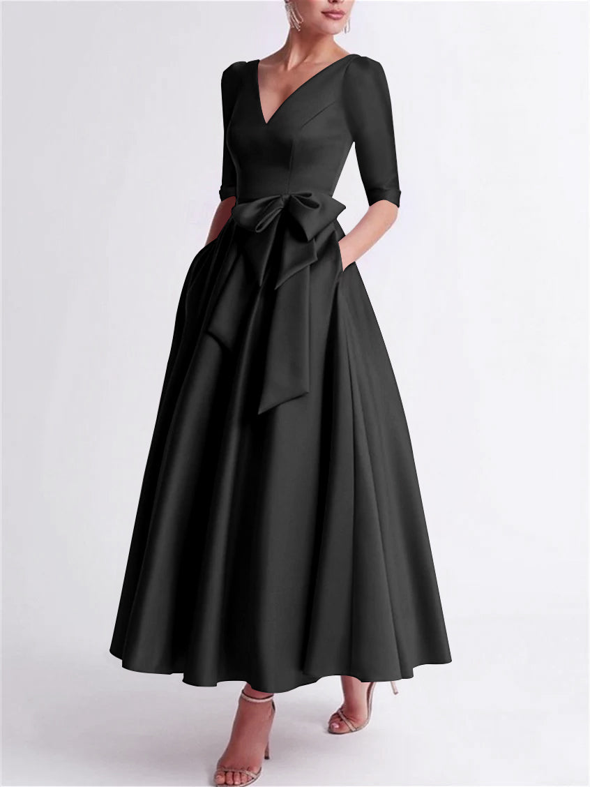 Robe de Mère de la Mariée en Satin à Manches 3/4 et Col en V, Ligne A/Princesse, Longueur Thé, avec Nœud(S)