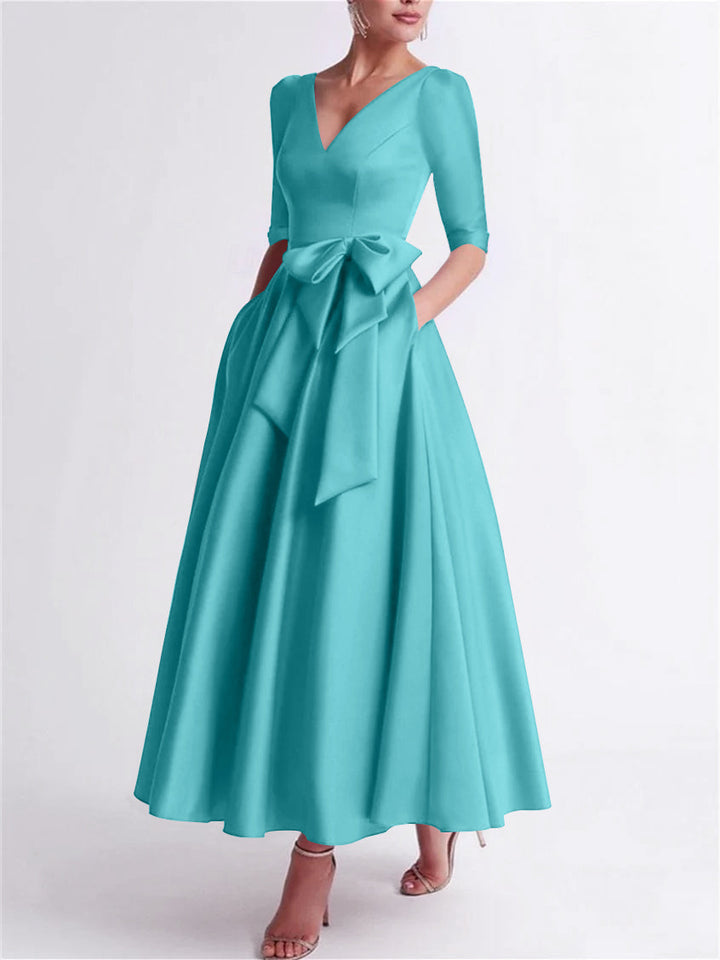 Robe de Mère de la Mariée en Satin à Manches 3/4 et Col en V, Ligne A/Princesse, Longueur Thé, avec Nœud(S)
