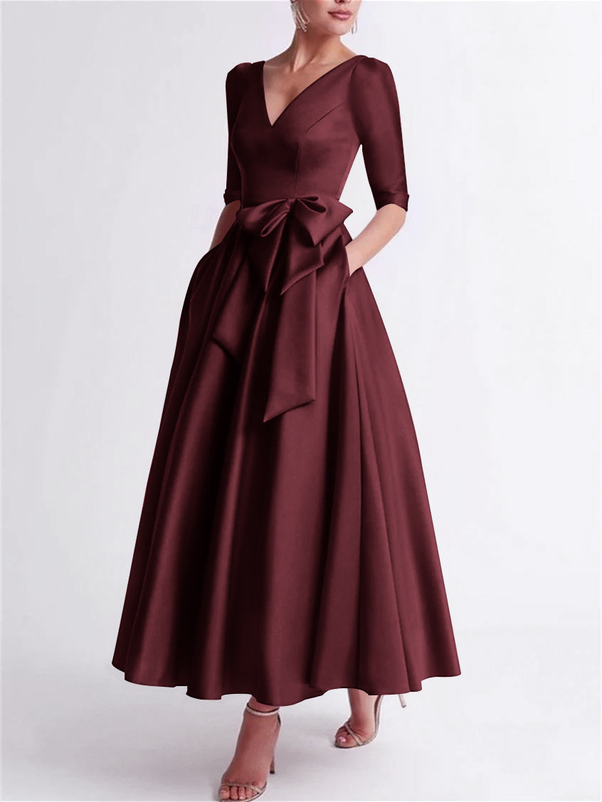 Robe de Mère de la Mariée en Satin à Manches 3/4 et Col en V, Ligne A/Princesse, Longueur Thé, avec Nœud(S)