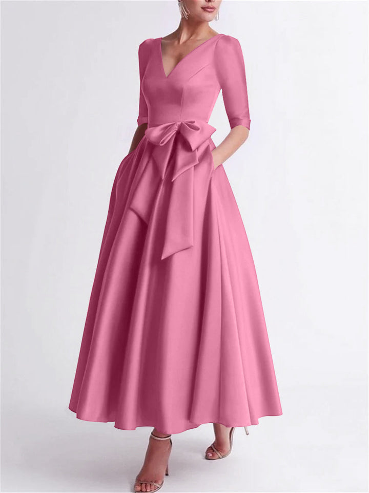 Robe de Mère de la Mariée en Satin à Manches 3/4 et Col en V, Ligne A/Princesse, Longueur Thé, avec Nœud(S)