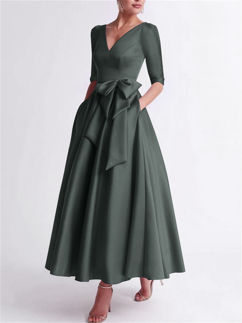 Robe de Mère de la Mariée en Satin à Manches 3/4 et Col en V, Ligne A/Princesse, Longueur Thé, avec Nœud(S)