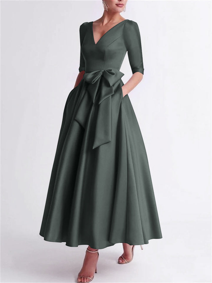 Robe de Mère de la Mariée en Satin à Manches 3/4 et Col en V, Ligne A/Princesse, Longueur Thé, avec Nœud(S)