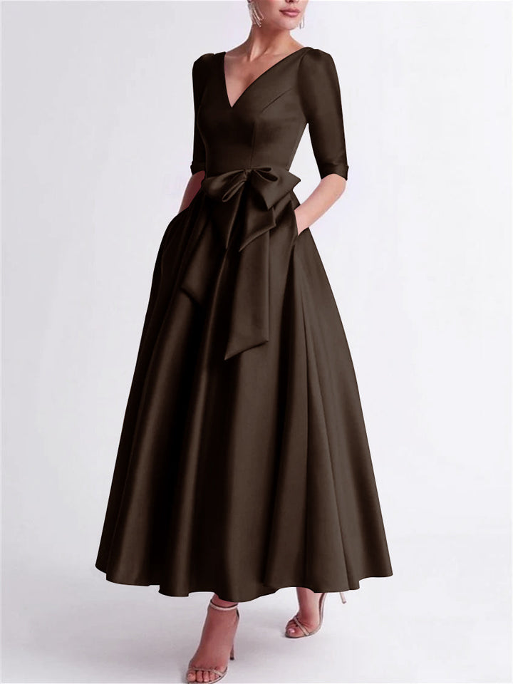 Robe de Mère de la Mariée en Satin à Manches 3/4 et Col en V, Ligne A/Princesse, Longueur Thé, avec Nœud(S)