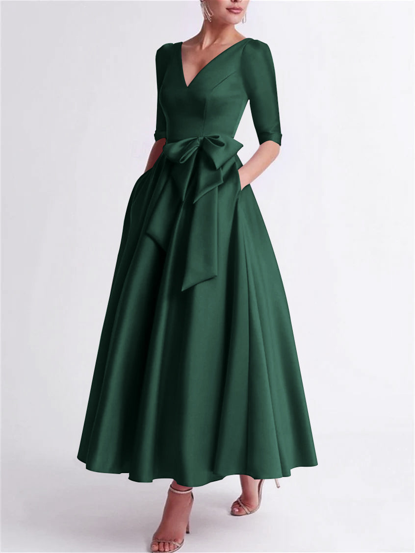 Robe de Mère de la Mariée en Satin à Manches 3/4 et Col en V, Ligne A/Princesse, Longueur Thé, avec Nœud(S)