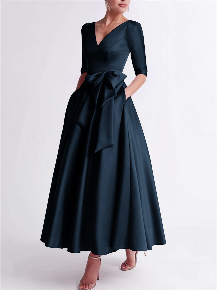 Robe de Mère de la Mariée en Satin à Manches 3/4 et Col en V, Ligne A/Princesse, Longueur Thé, avec Nœud(S)