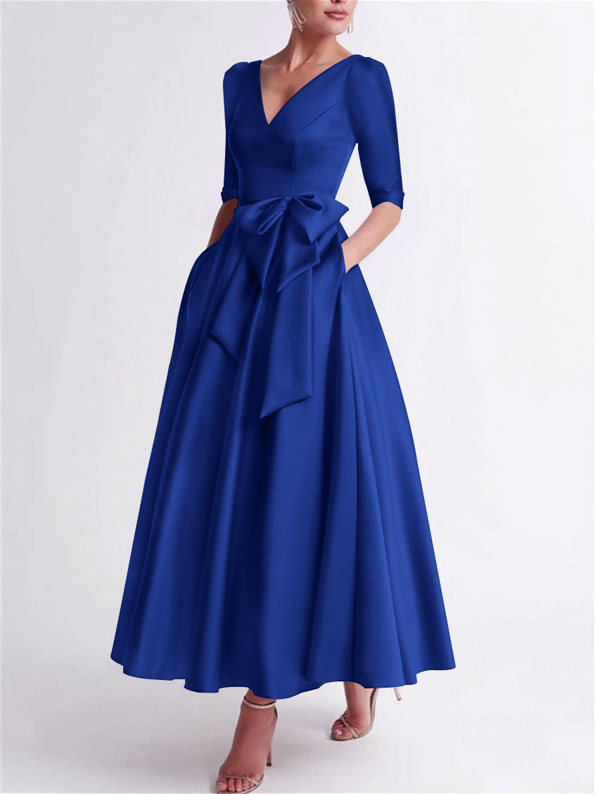Robe de Mère de la Mariée en Satin à Manches 3/4 et Col en V, Ligne A/Princesse, Longueur Thé, avec Nœud(S)