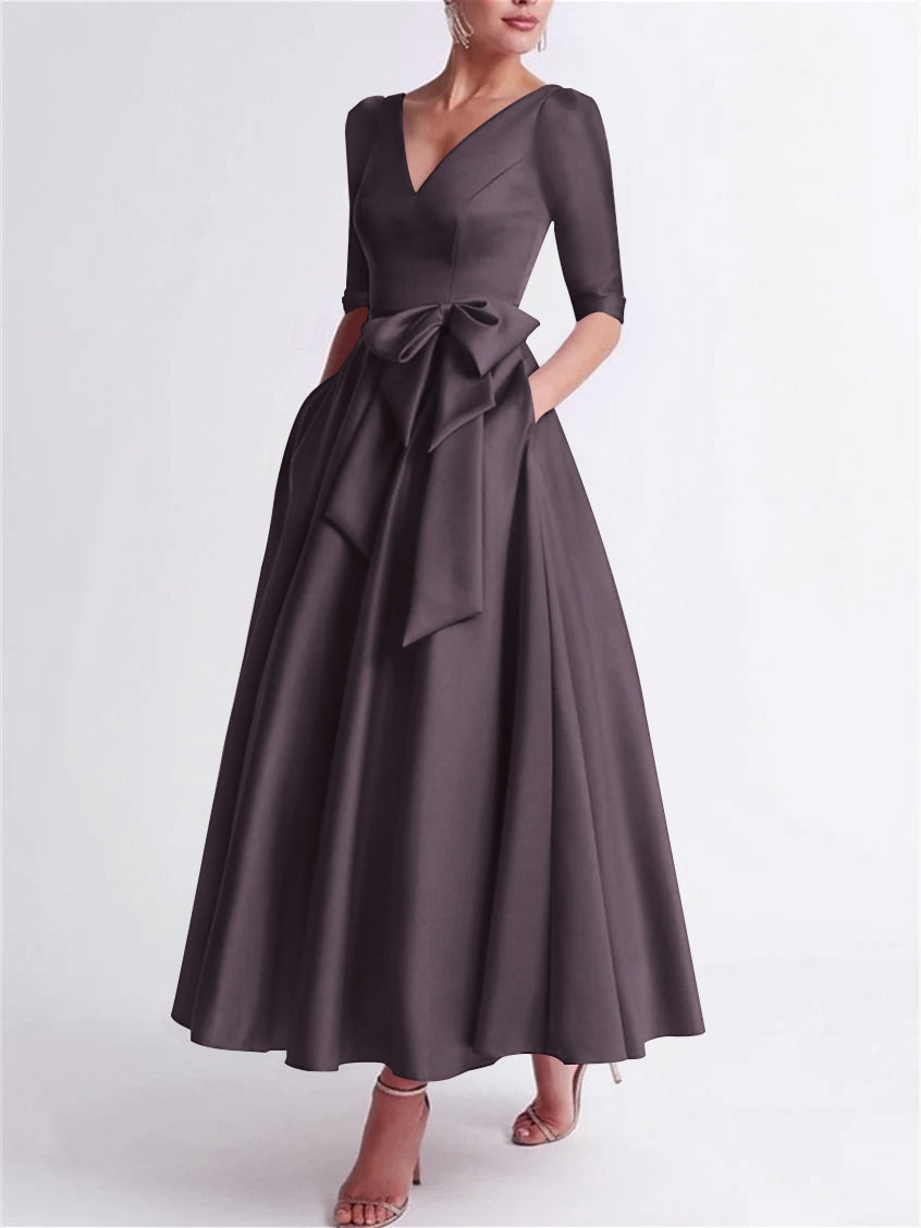 Robe de Mère de la Mariée en Satin à Manches 3/4 et Col en V, Ligne A/Princesse, Longueur Thé, avec Nœud(S)