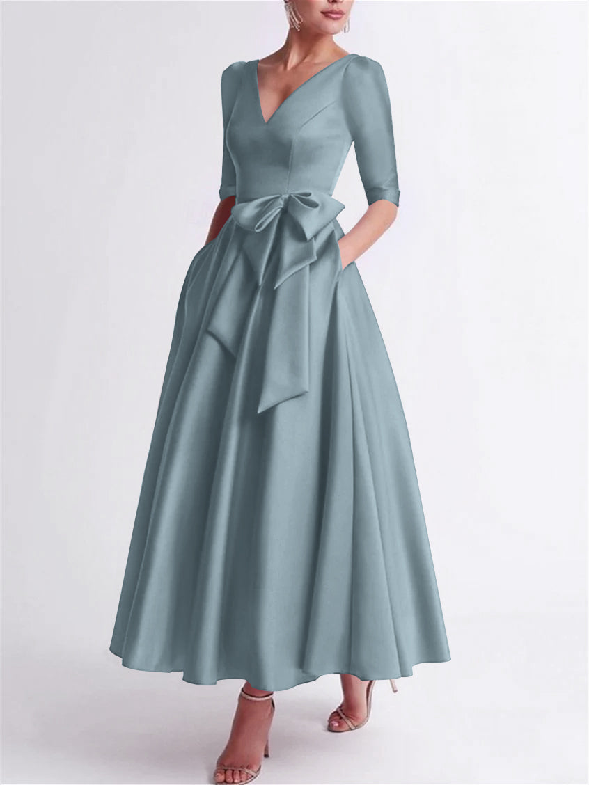 Robe de Mère de la Mariée en Satin à Manches 3/4 et Col en V, Ligne A/Princesse, Longueur Thé, avec Nœud(S)