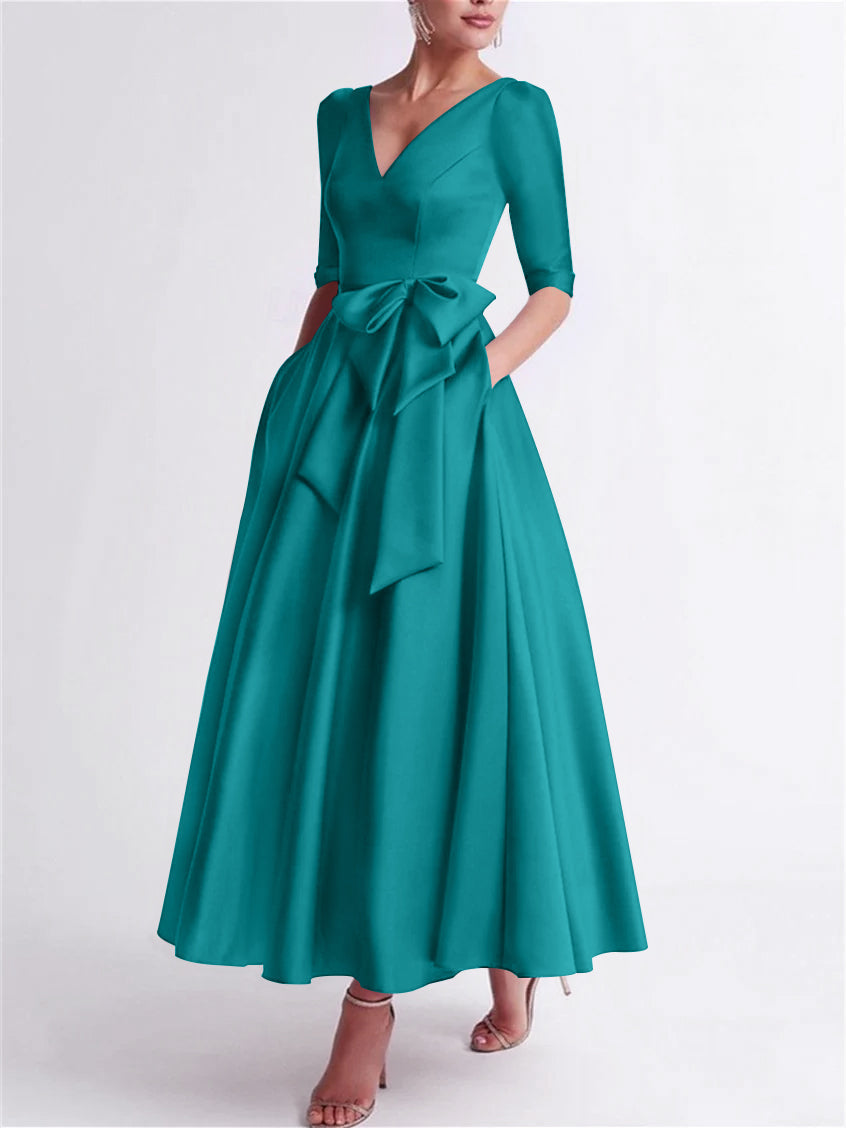 Robe de Mère de la Mariée en Satin à Manches 3/4 et Col en V, Ligne A/Princesse, Longueur Thé, avec Nœud(S)