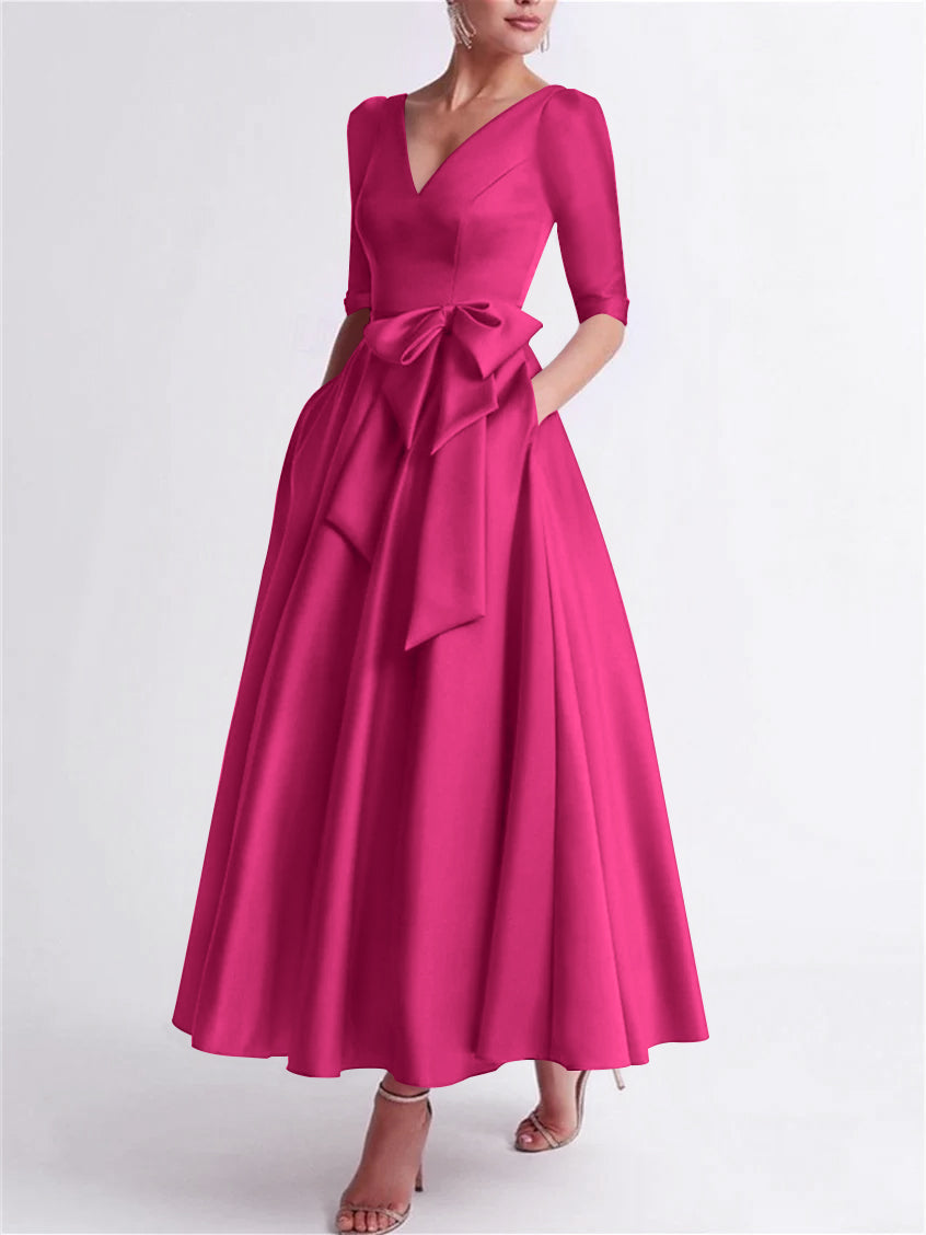 Robe de Mère de la Mariée en Satin à Manches 3/4 et Col en V, Ligne A/Princesse, Longueur Thé, avec Nœud(S)