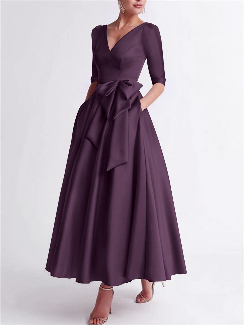 Robe de Mère de la Mariée en Satin à Manches 3/4 et Col en V, Ligne A/Princesse, Longueur Thé, avec Nœud(S)