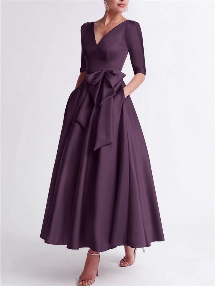 Robe de Mère de la Mariée en Satin à Manches 3/4 et Col en V, Ligne A/Princesse, Longueur Thé, avec Nœud(S)