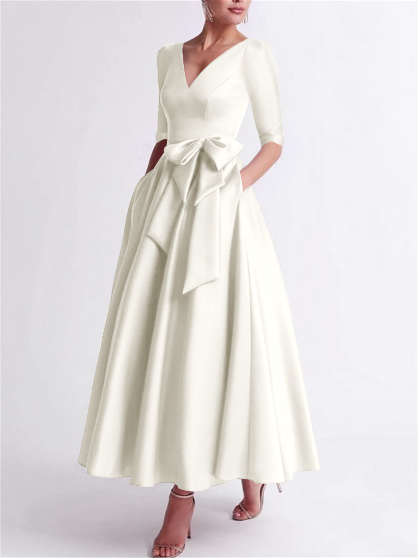 Robe de Mère de la Mariée en Satin à Manches 3/4 et Col en V, Ligne A/Princesse, Longueur Thé, avec Nœud(S)